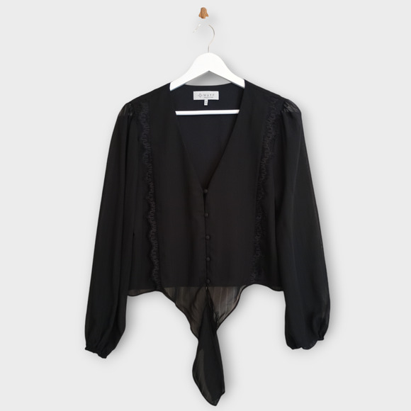 Wayf Blouse Women Small Black Chiffon Whimsy Goth Witchcore Tie Front Cropped - Picture 1 of 12